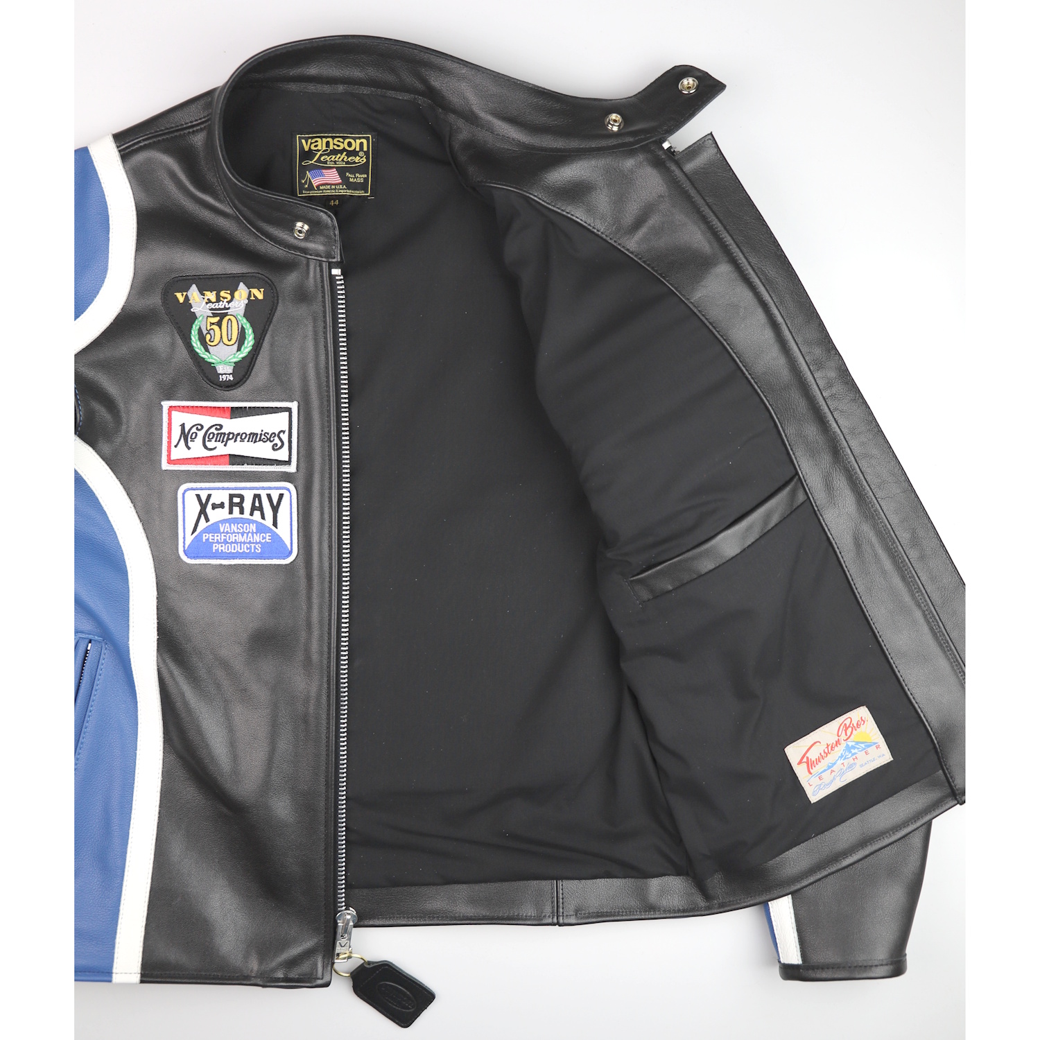 Vanson custom Race Jacket Blue White stripes black rayon lining.jpg