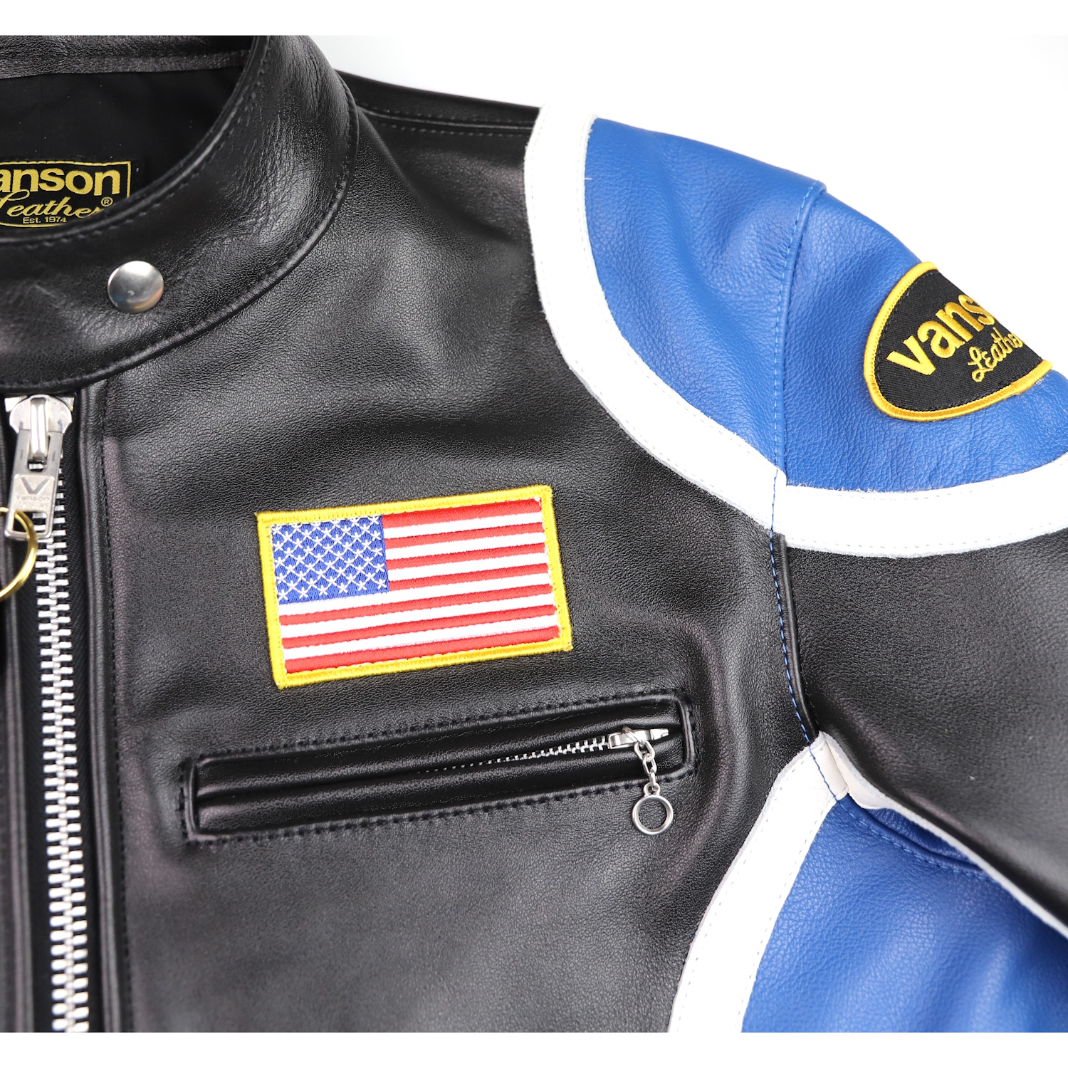 Vanson custom Race Jacket Blue White stripes chest pocket.jpg