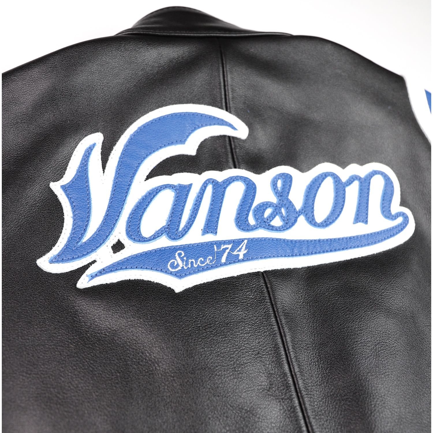 Vanson custom Race Jacket Blue White stripes leather logo back patch.jpg