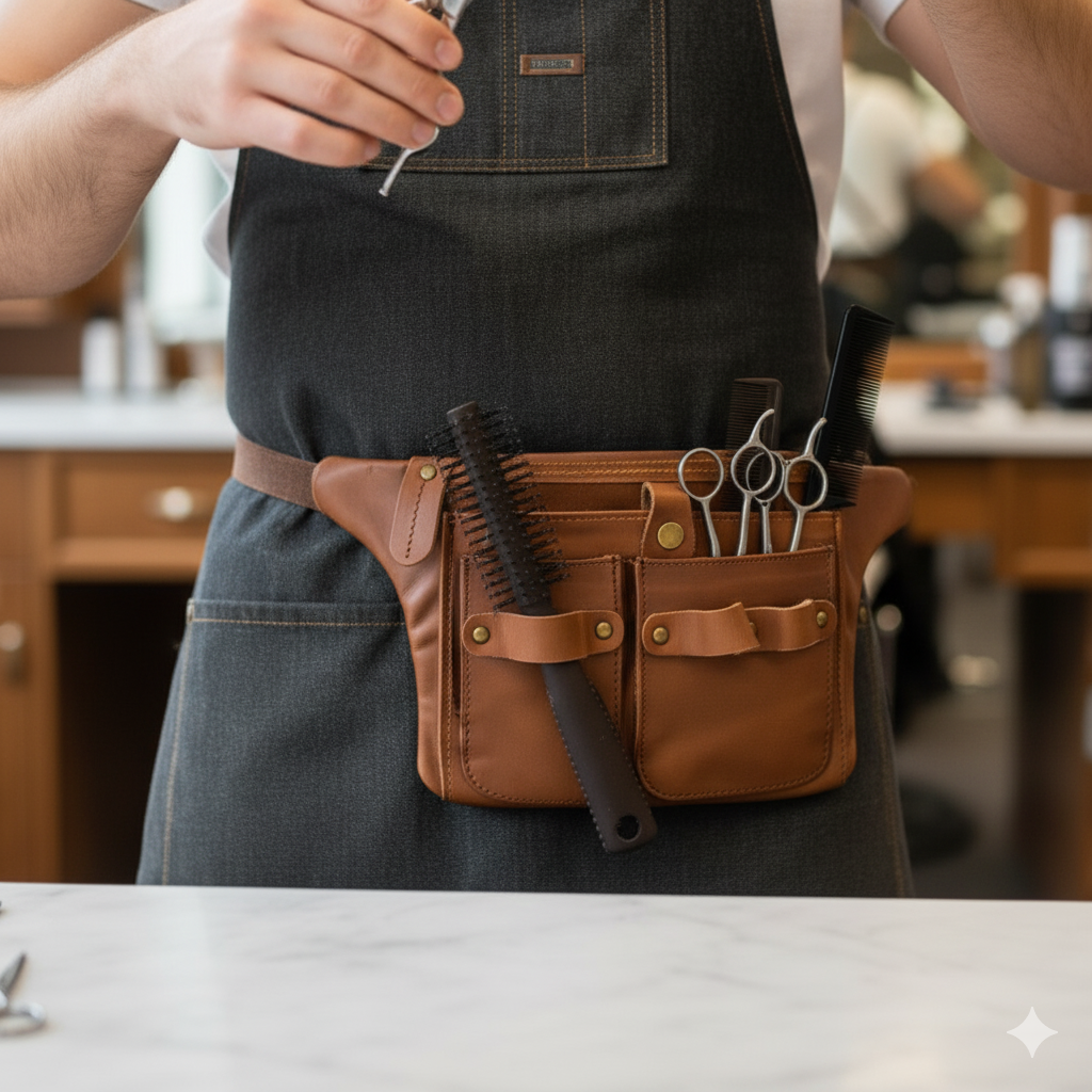 Leather Barber Tool Belt with Scissors and Brushes